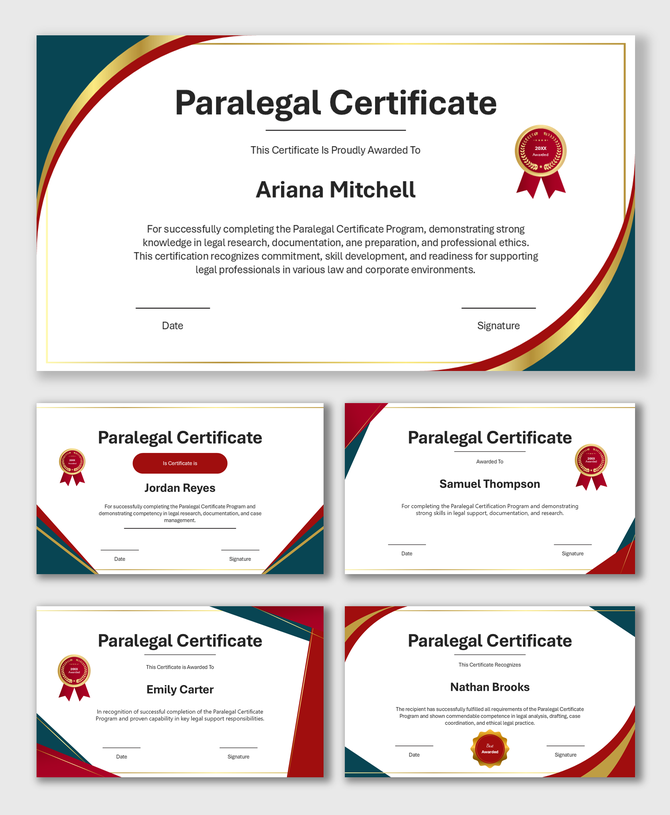 Paralegal Certificate templates with red-gold seals, name fields, and colored borders for legal program completion.