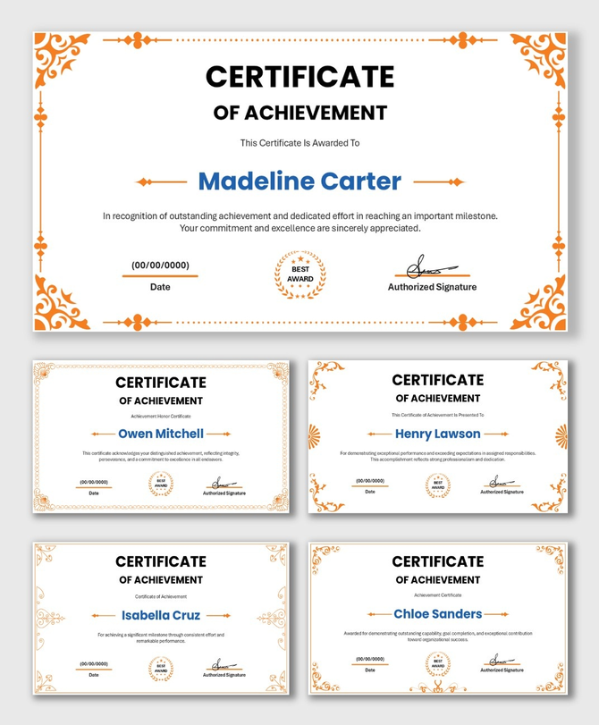 Achievement Certificate Download with orange decorative borders, award badge, bold name text, date and signature fields.