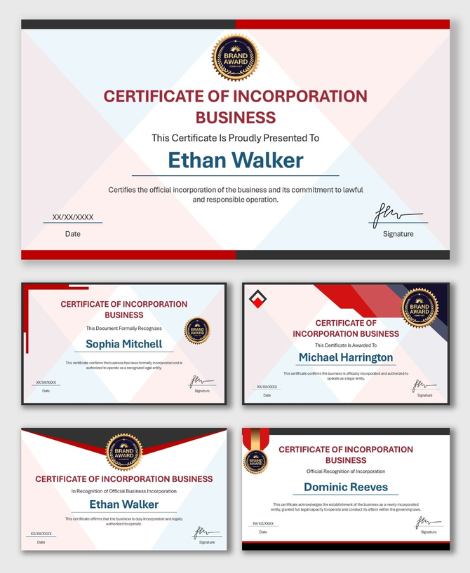 Business Incorporation Certificate with red-blue geometric design, official seal, company name, date and signature.