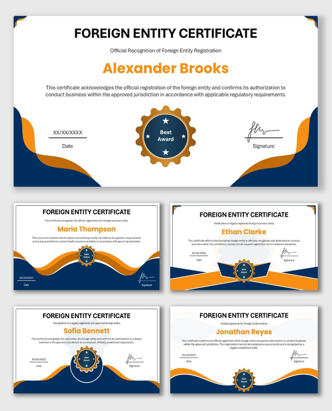 Foreign Entity Certificate with blue-orange waves, gold award seal, entity name, date and signature fields.