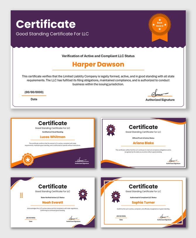 Good Standing Certificate For LLC with purple-orange design, award seal, company name, date and signature fields.