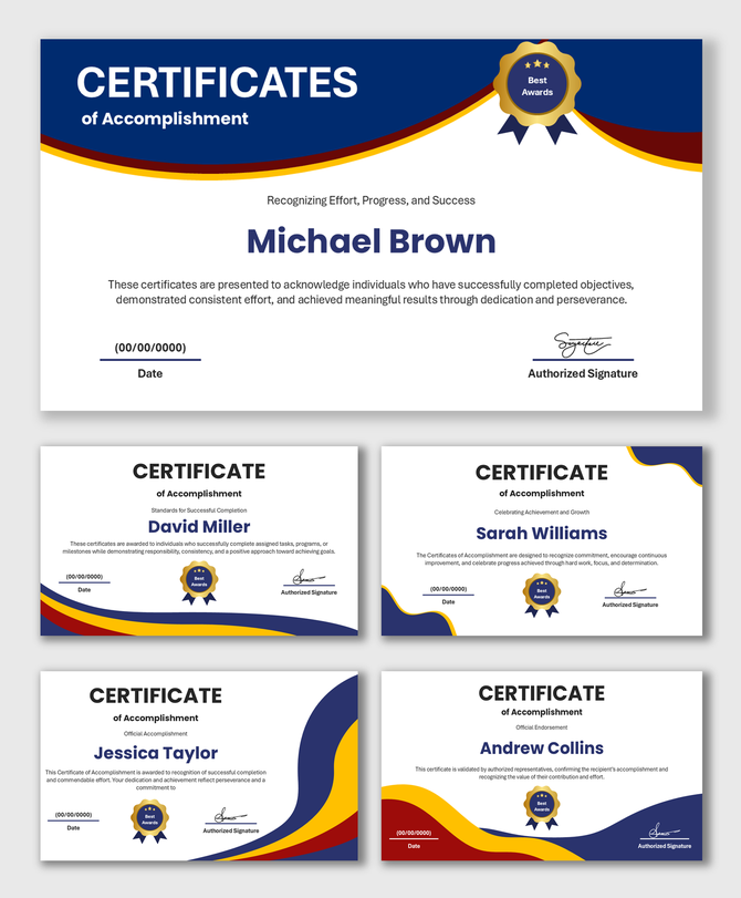 Certificates Of Accomplishment with blue and gold wave design, award badge, recipient name, date, and signature fields.