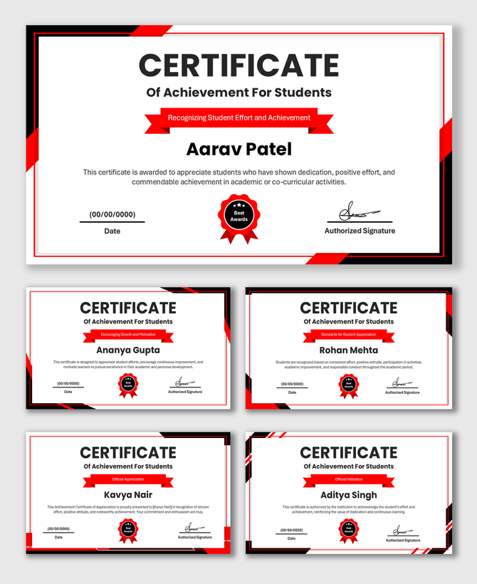 Achievement Certificate Of Appreciation For Students with red ribbons, framed border, name, date, signature