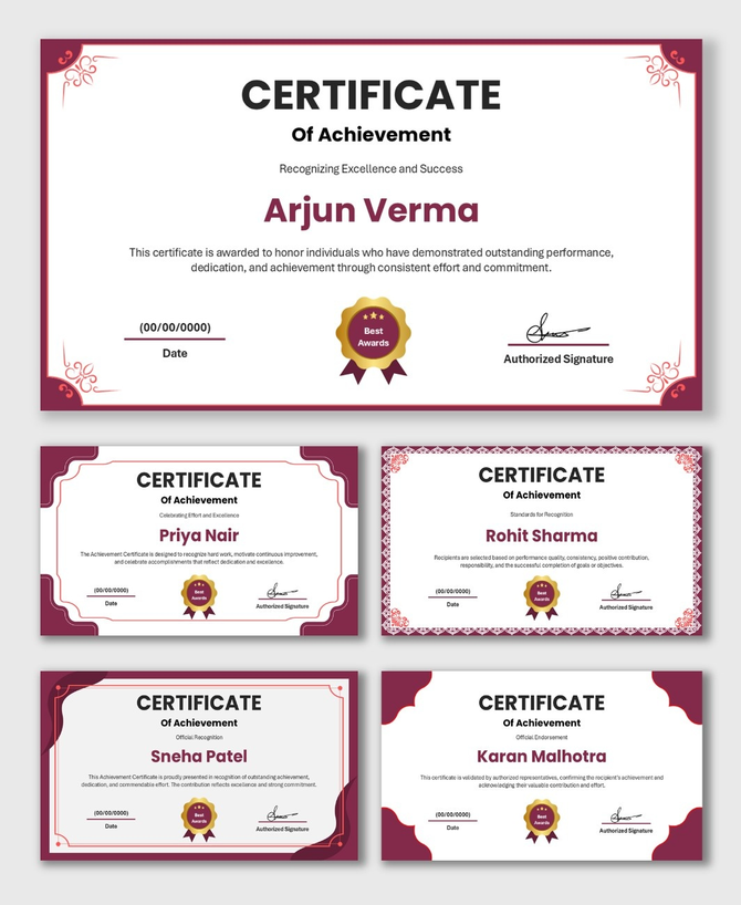 Achievement Certificates Free with red borders, gold award seal, recipient name, date and signature fields