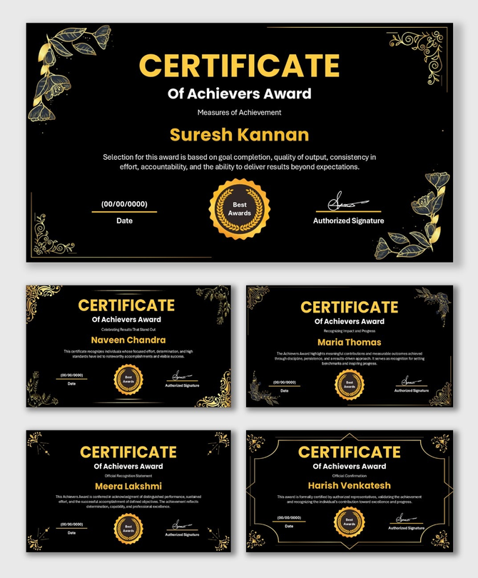 Achievers Award Certificate in black and gold with floral borders, award seal, recipient name, date and signature.