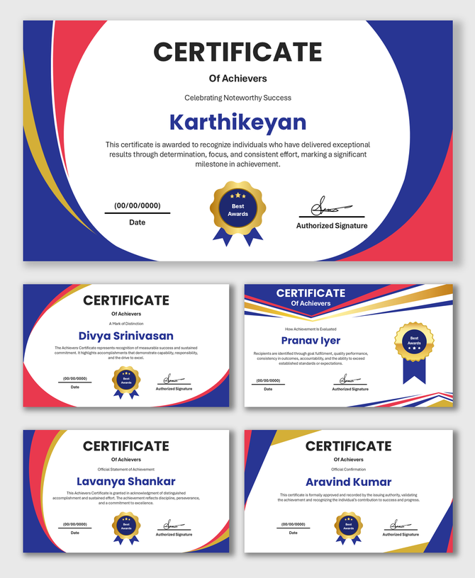 Achievers Certificate with blue red curves, gold award badge, bold name text, date and authorized signature layout.