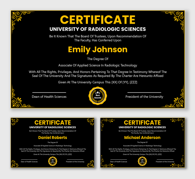 Radiologic Technologist Associate Degree certificate with black-gold design, ornate border, university seal and signatures.