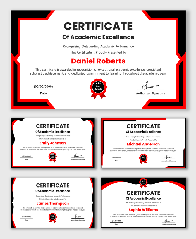 Academic Excellence Certificate with red-black border, bold title, student name, award seal, date and signature layout.