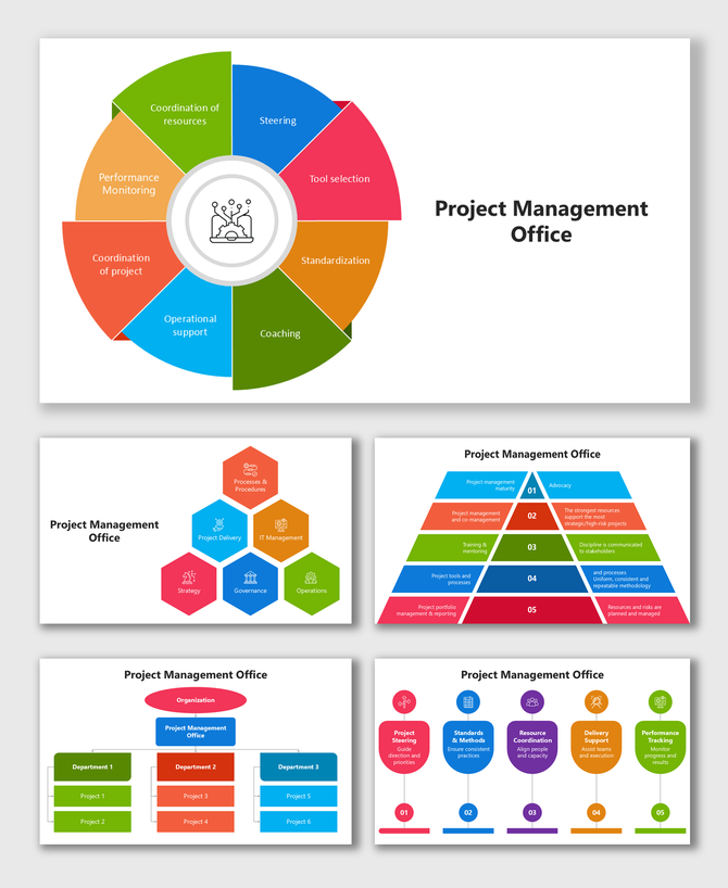 Project Management Office infographic with colorful circular segments, icons, and labels showing roles and processes.