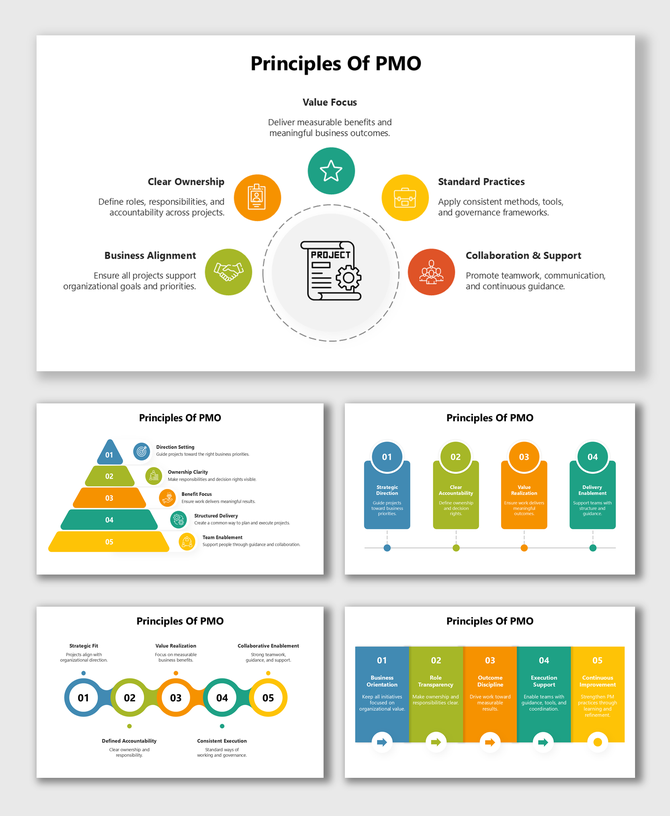 Principles Of PMO infographic with colorful icons showing value focus, standards, alignment, and support.