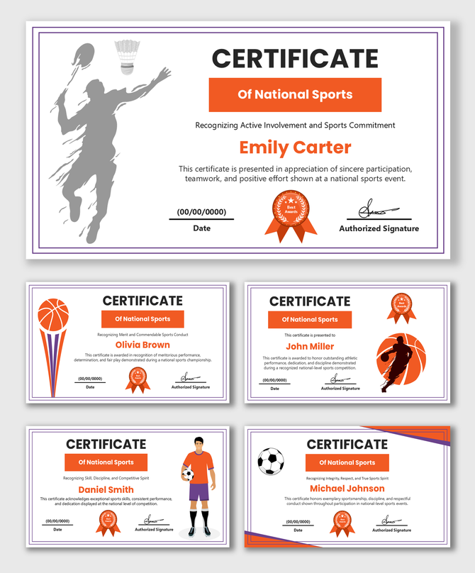 National Sports Certificate Template with orange accents, athlete icons, name text holders, and award badge.