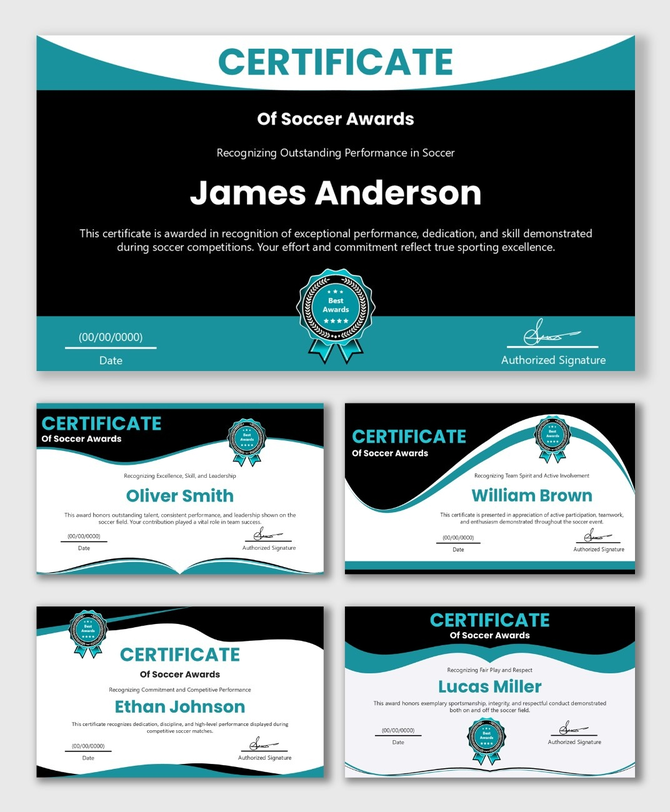 Editable Soccer Certificate Awards with teal and black waves, award badge, name, date, signature fields.