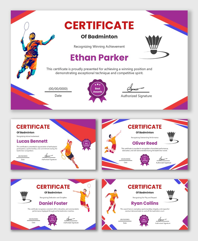 Badminton Certificate with colorful player illustrations, shuttle icon, award badge, name, date and signature.