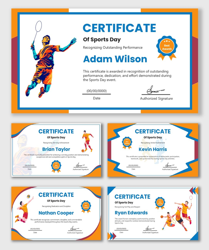Sports Day Certificate Template with blue-orange borders, athlete illustrations, award badge, and editable name fields.