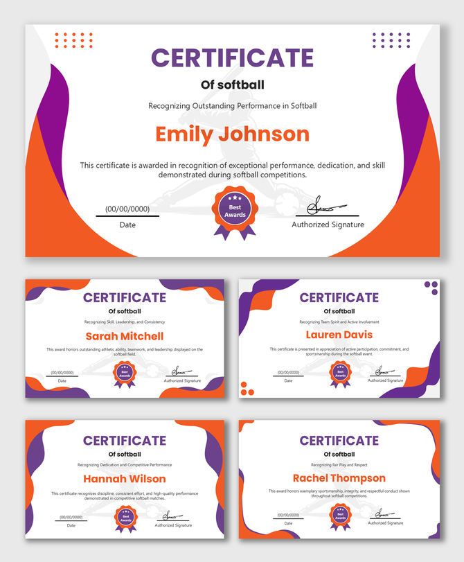 Softball Certificates Template with purple and orange curves, player graphic, award badge, name, date, signature.
