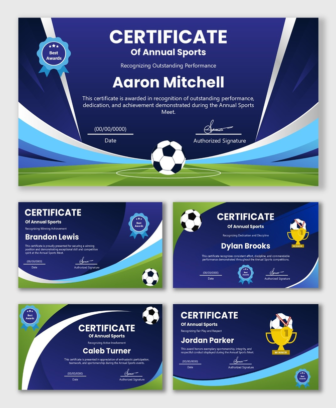 Annual Sports Certificate with blue-green waves, soccer ball, trophy badge, winner name, date and signature fields.