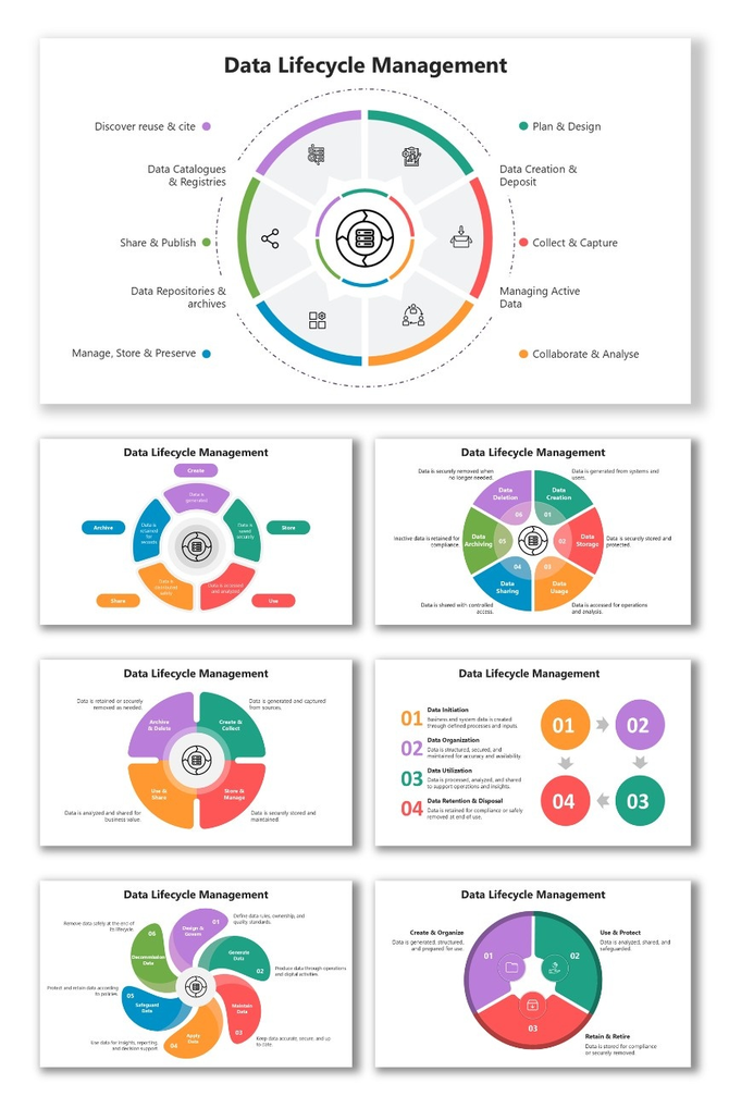 Data Lifecycle Management circular infographic with color-coded stages, icons, arrows, and labeled data flow steps.