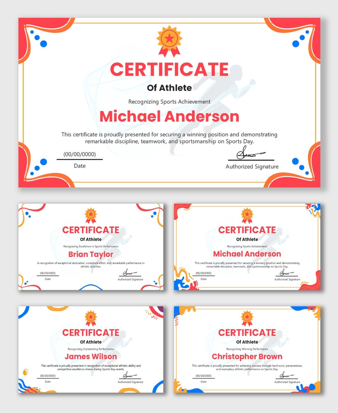 Athlete Certificate with white layout, red-orange border, star badge, athlete silhouette, name fields.