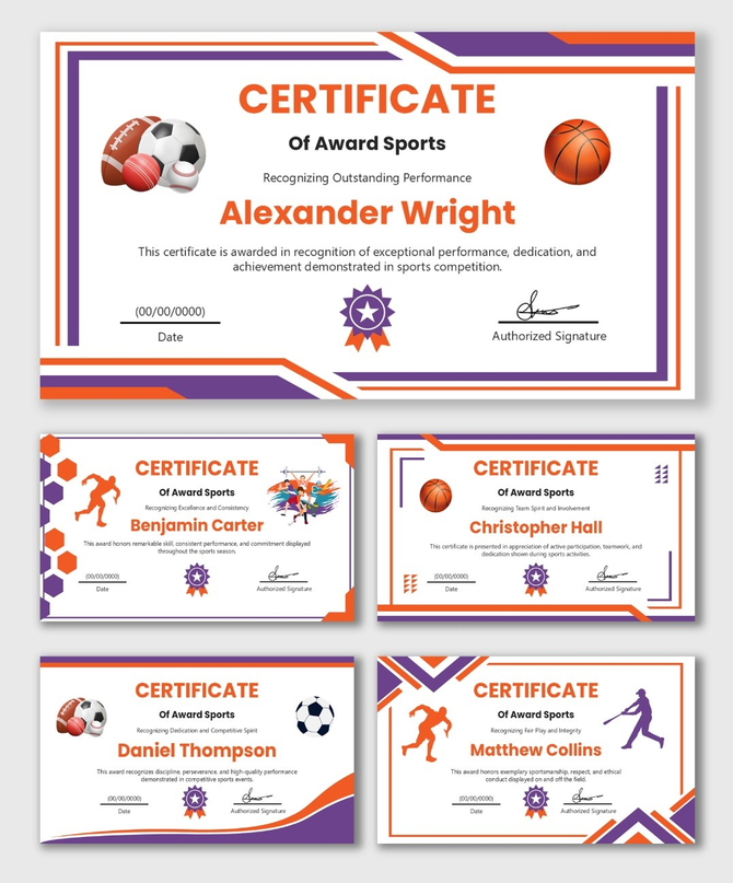 Award Certificate For Sports with orange-purple borders, sports icons, bold name text, badge, date, signature.