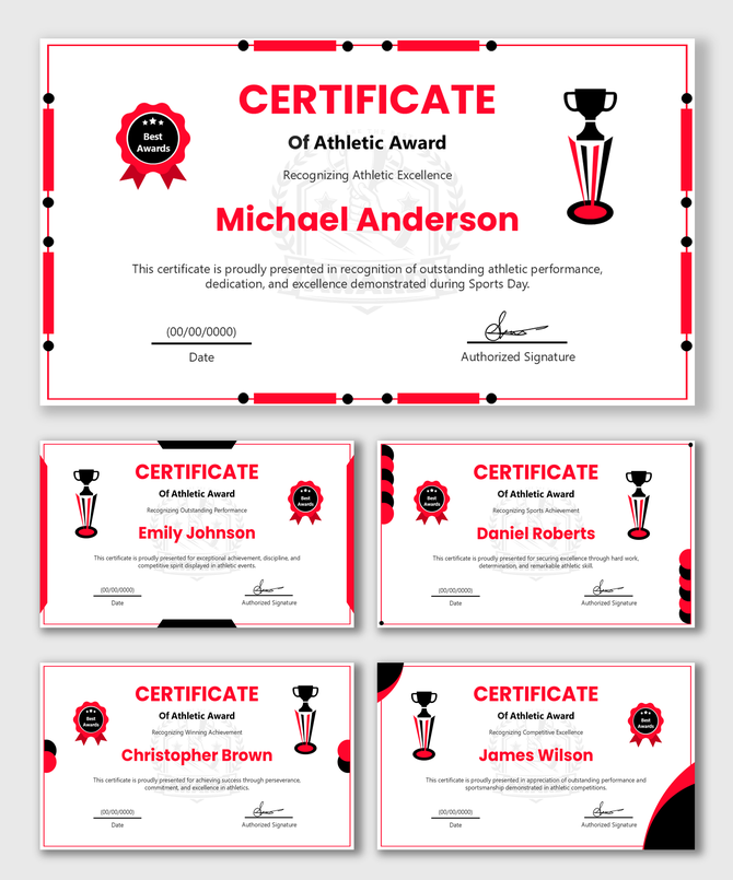 Athletic Award Certificate with red black border, trophy icon, award badge, name, date and signature.