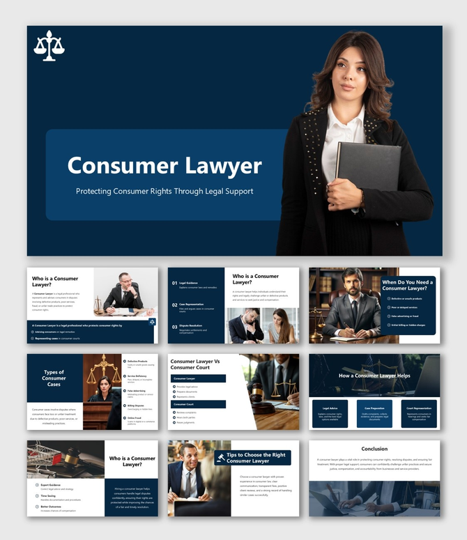 Consumer Lawyer presentation with dark blue theme, lawyer image, justice icons, and legal information slides.