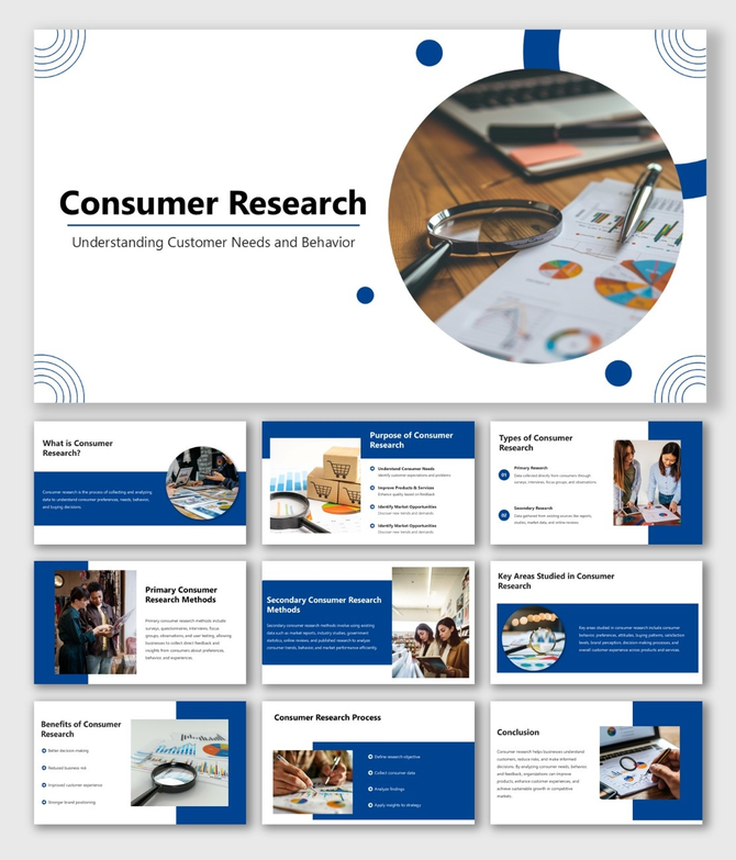 Consumer Research presentation with blue theme, charts, magnifier image, icons, and text sections explaining insights.