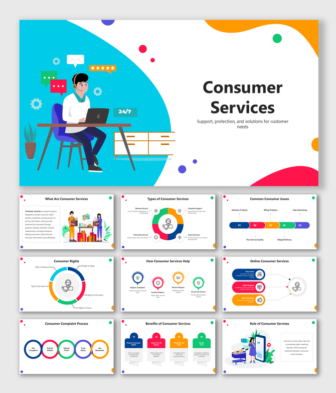 Consumer Services slide with support agent illustration, icons, charts, and colorful shapes explaining customer help.