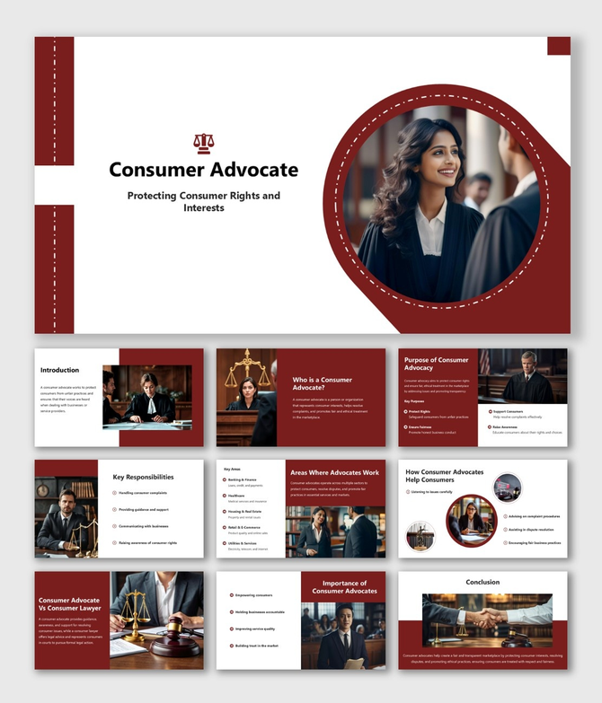 Consumer Advocate slide with maroon theme, circular photo frame, legal icons, and rights-focused text blocks.