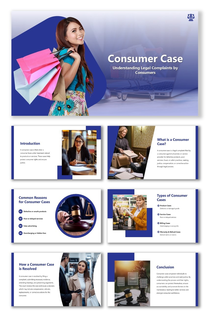 Consumer Case slide with blue theme, image cards, rounded shapes, and text sections on legal complaints.