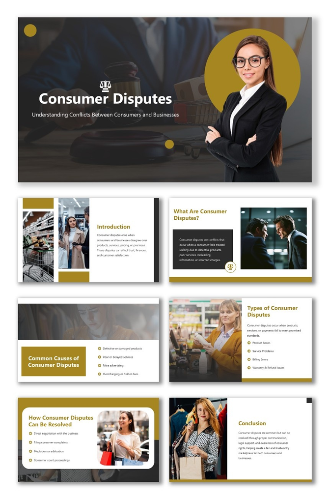 Consumer Disputes slide with gold-black theme, circular images, icons, and clear text boxes for legal info.