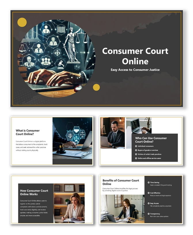 Consumer Court Online slide with dark gold theme, legal icons, circular image, and clear text blocks.