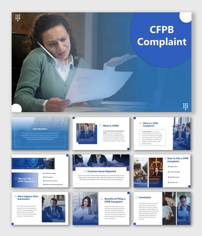 CFPB Complaint slide with blue theme, circular shapes, user photo, and step cards explaining the filing process.