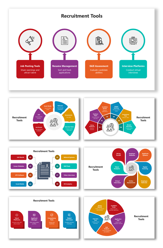 Recruitment Tools slide with colorful icons, circles, and text boxes for hiring, screening, and interviews.