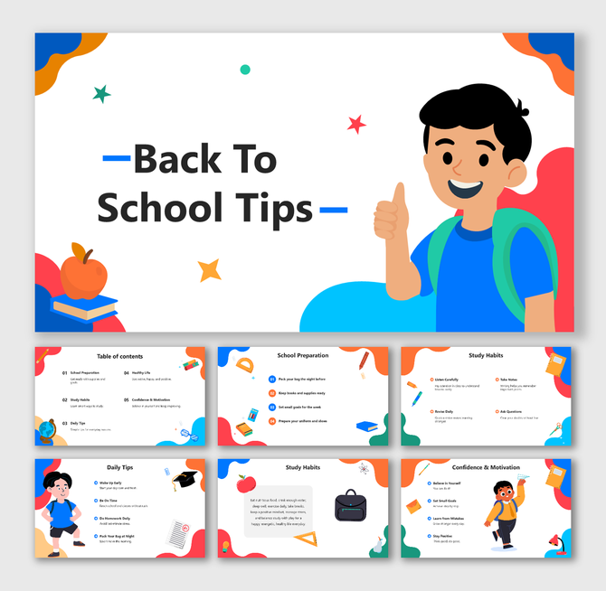 Back To School Tips slide with colorful shapes, smiling student, icons, and text blocks.