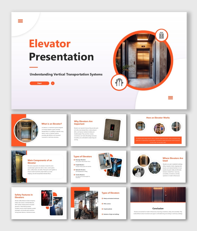 Elevator Presentation slide with orange accents, round images, icons, and text blocks on lift systems.
