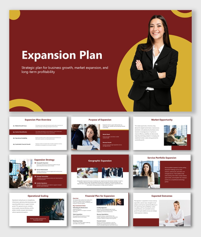 Expansion Plan slide with red theme, business professional image, and text blocks for growth strategy.