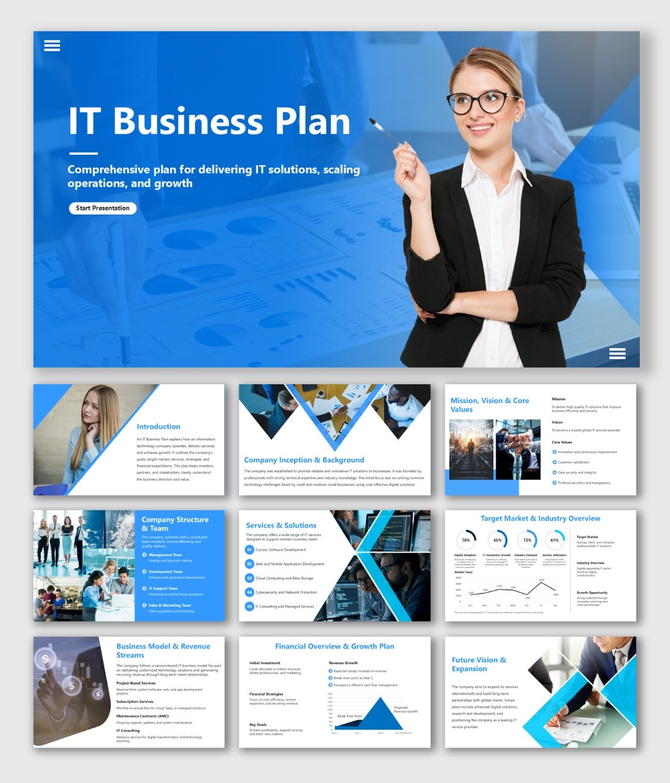 Alt: Overview of a 10-slide IT Business Plan deck featuring blue layouts for IT solutions, market trends, and growth plans.