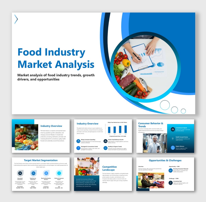 Food Industry Market Analysis slide with blue theme, food images, charts, and text blocks.
