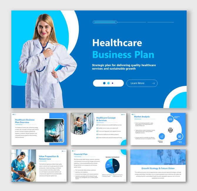 Healthcare Business Plan slide with blue theme, doctor image, charts, and text blocks for strategy.