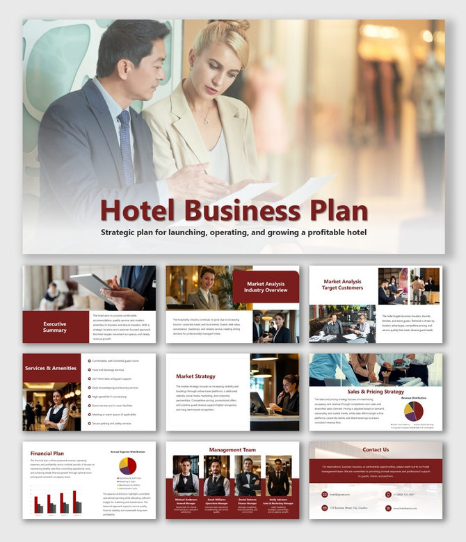 Hotel Business Plan slide with warm colors, business meeting image, charts, and text blocks.