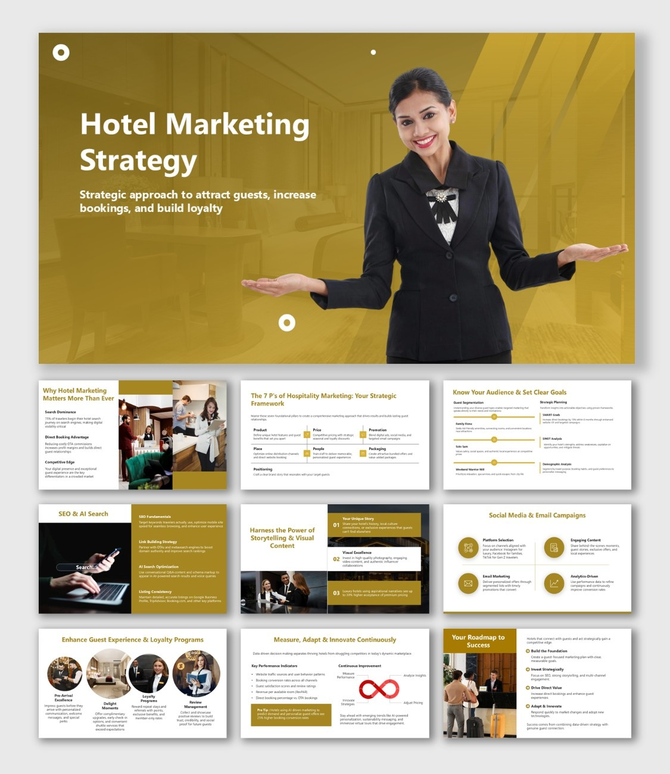 Hotel Marketing Strategy slide with gold theme, presenter image, icons, and text blocks.