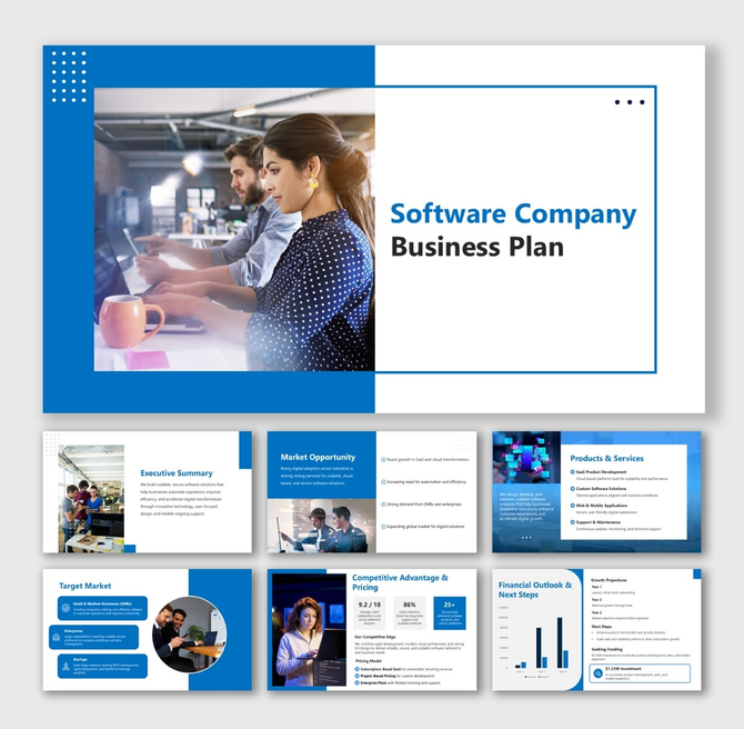 Software Company Business Plan with blue theme, team workspace image, charts, icons, and strategy text.
