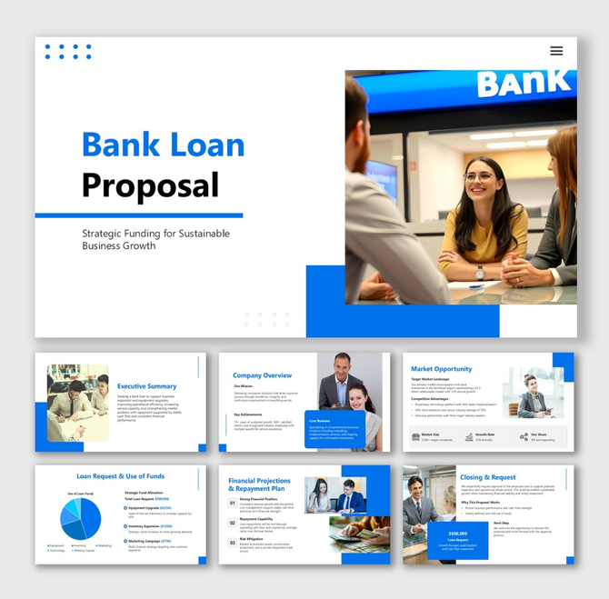 Bank Loan Proposal with blue theme, banker meeting image, financial charts, icons, and funding details.