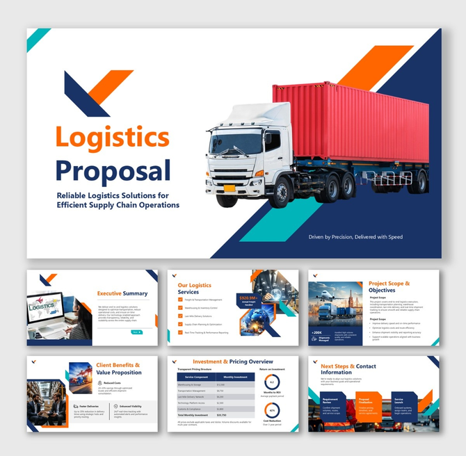 Logistics Proposal with orange-blue theme, cargo truck image, containers, charts, and service text blocks.