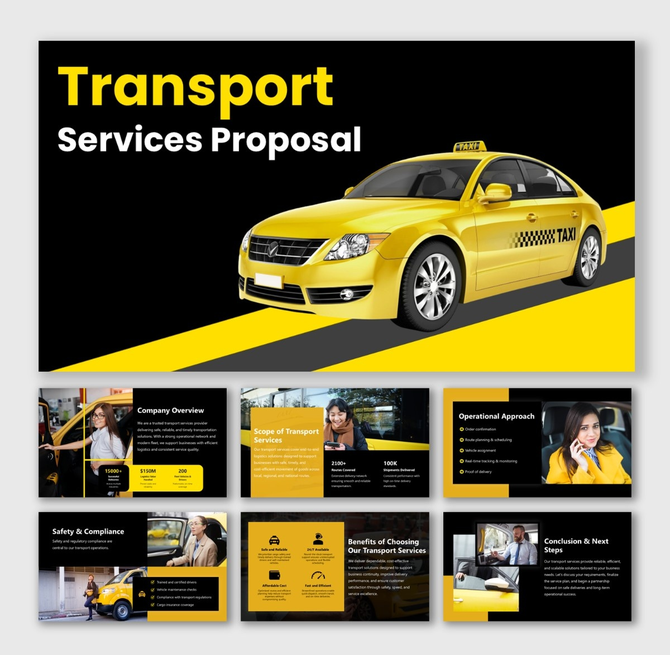 Transport Services Proposal with black-yellow theme, taxi car image, icons, and service details.