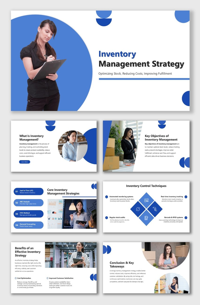 Inventory Management Strategy with blue-white layout, staff images, icons, shapes, and stock control sections.