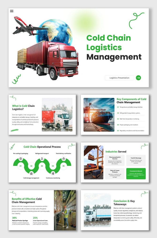 Cold Chain Logistics Management with green-white layout, truck and ship visuals, process flow, and monitoring icons.