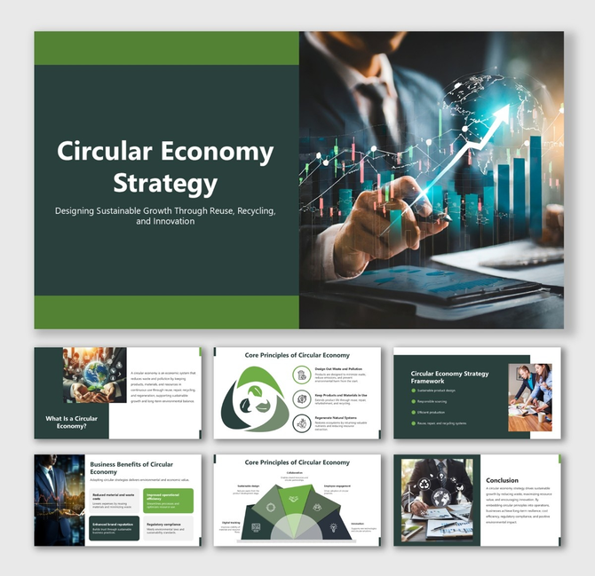 Circular Economy Strategy slide with green theme, circular icons, growth charts, and sustainability framework.