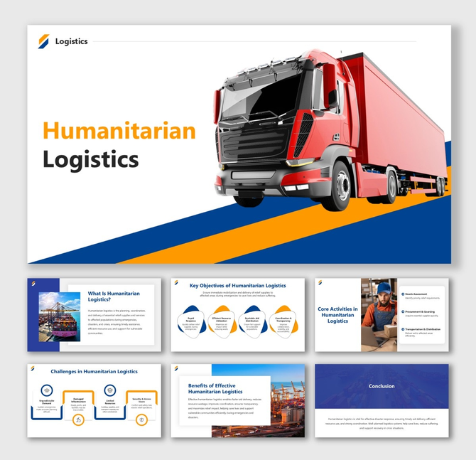 Humanitarian Logistics presentation showing relief truck, blue-orange design, and emergency operations.
