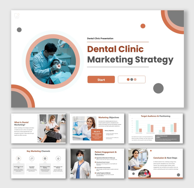 Dental Clinic Marketing Strategy slide with dentist treating patient, clean layout and orange accents.